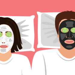 Funny Vector illustration of a married couple with clay masks on the face and cucumbers in front the ears. Spa at home. skin care.